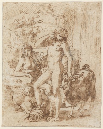 Bacchus och Erigone (penna och bläck med tvätt på papper) av Nicolas Poussin