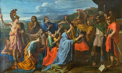 Coriolanus övertalad av sin familj att skona Rom Veturia vid Coriolanus fötter, ca 1652. av Nicolas Poussin