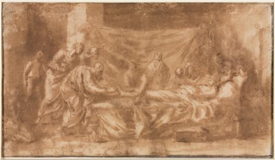 Extreme Unction (recto); Tre huvuden och andra skisser (verso) av Nicolas Poussin