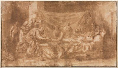 Extreme Unction recto, Three Heads and Other Sketches verso, 1643-1644. av Nicolas Poussin
