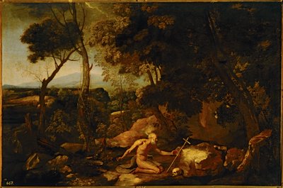 Landskap med Sankt Hieronymus ... (målning på duk) av Nicolas Poussin