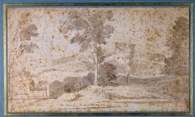 Landskap med ett stort träd i mitten och en belvedere av Nicolas Poussin