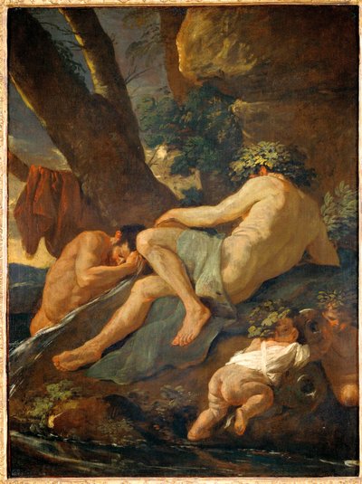 Midas badar i floden Pactolos av Nicolas Poussin