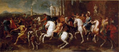 Jakten på Meleager. Hjältar från grekisk mytologi som är kända under jakten på vildsvinen från Calydon. Målning av Nicolas Poussin av Nicolas Poussin