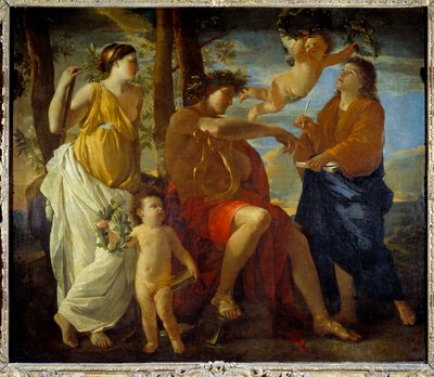 Inspirationen av poeten Un poete, en lyra i handen och huvudbonad av en lagerkrona, är omgiven av muser och putti. målning av Nicolas Poussin av Nicolas Poussin