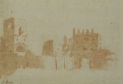Utsikt över Rom (sepiatvätt på papper) av Nicolas Poussin