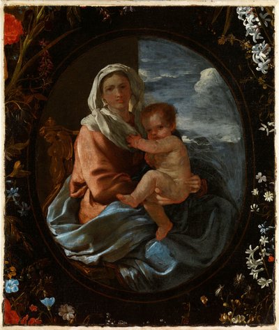 Jungfrau und Kind in einem Blumenkranz von Nicolas & Seghers Daniel (1590–1661) Poussin