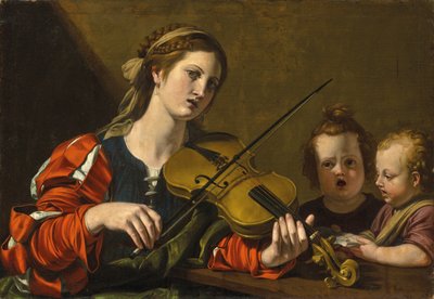 En kvinna som spelar fiol med två barn som sjunger (olja på duk) av Nicolas Tournier