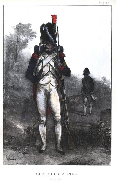 Napoleonkrigen, franska armén, kejserliga gardets fotchassier i hel klädsel, 1845 av Nicolas Toussaint Charlet
