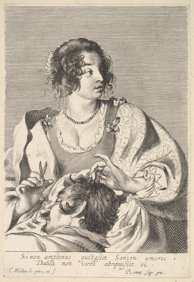 Delila förbereder sig för att klippa Simsons hår med en sax i höger hand, nedanför hennes bröst..., ca. 1629. av Nicolas Viennot