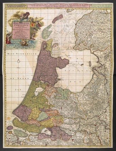 Karta över Holland, som visar bosättningar, kärr, skogar, kullar, vägar, floder och andra geografiska särdrag. Visar titel i en dekorativ kartusch uppe till vänster med Fame, Neptune och Thetis ackompanjerad av putti som bär United Provinc armar av Nicolas Visscher