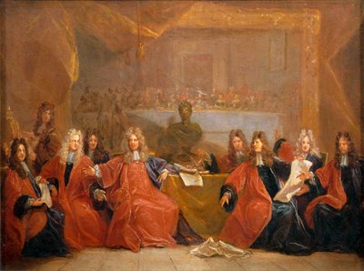 Köpmännen och rådmännen i staden Paris överlägger om erbjudandet om en festmåltid till Ludvig XIV ... av Nicolas de (workshop) Largilliere