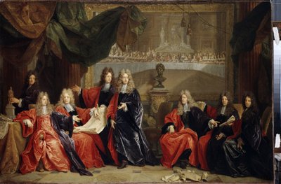 Provoster och domare i staden Paris diskuterar festmiddagen för kung Ludvig XIV 14 känd som solkungen (1638-1715) på Hôtel de ville efter hans restaurering 1687 (prost och kommunala magistrater i Paris diskuterar firandet av Lou av Nicolas de Largillière