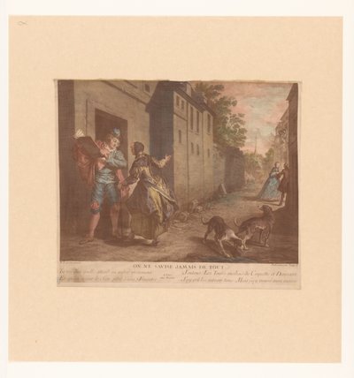 Straat Gezicht met man met boek Eller tänk aldrig på allt (titel på objekt) Fabels van Jean de La Fontaine (serietitel) Suite of New Prints for the Tales of La Fontaine (serietitel) av Nicolas de Larmessin (III)
