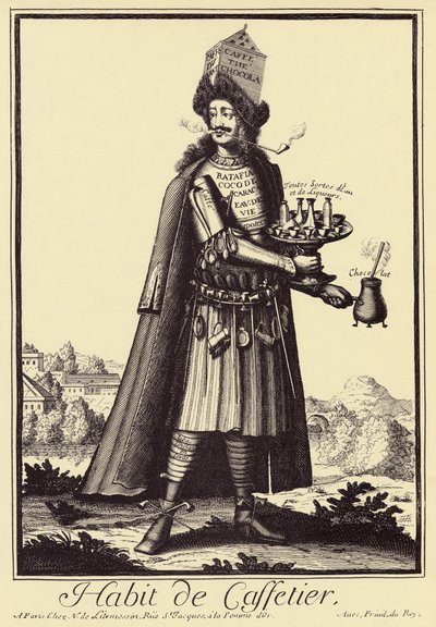 Caffettier: "Habit de Caffettier "(Kaffebryggare eller kaffehandlare, choklad, te, likörer) Satirisk teckning från "Costumes Grotesques" av Nicolas de Larmessin (1640-1725) av Nicolas de Larmessin