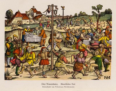 Näsdansen på en landsbygdsfestival (färg litho) av Nicolaus Meldemann