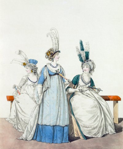Aftonklänningar för opera och konserter, fig. 96, fig. 97 7 fig. 98 från "The Gallery of Fashion", 1797 av Nicolaus von Heideloff