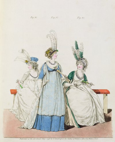 Aftonklänningar för opera och konserter, fig. 96, 97 och 98 från Nikolaus Heideloffs "Gallery of Fashion", maj 1796 (tryck) av Nicolaus von Heideloff