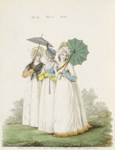 Morgonklänningar, fikon. 107, 108 och 109 från Nikolaus Heideloffs "Gallery of Fashion", Vol. II, augusti 1796 (tryck) av Nicolaus von Heideloff