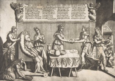 Vördade Idleness, Queen of Cockaigne, en tjock kvinna sittande på en rörlig toalettstol som..., 1565. av Nicolo Nelli