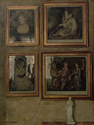 Interiör med målningar och en figur av Niels Holsoe