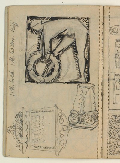Utkast till Poul S. Christiansens gravmärke, studier av gravmärken, mått av Niels Larsen Stevns