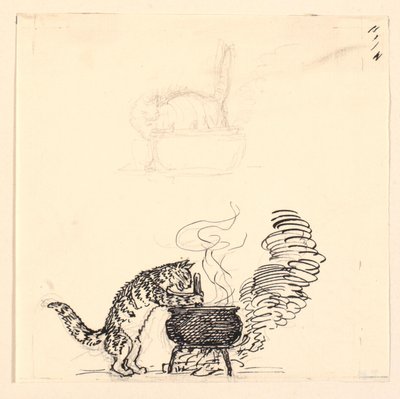 Illustration för "Den feta katten" och skiss av Niels Skovgaard