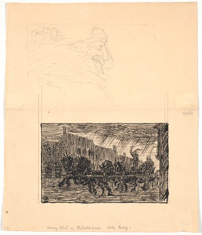 Två illustrationsutkast till Sønderjyske Folkesagn, v. F.Ohrt. F.o. Var förväntar man sig det minst och f.n. Kung Abel och repslagarna av Niels Skovgaard