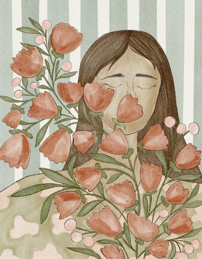 En fridfull kvinna med blommor av Nikita Jariwala