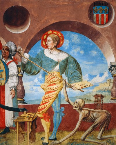 Death pulling pensel från målare, detalj av Death, group of hedningar och målare från Dance of Death-cykeln av Albrecht Kauw av Niklaus Manuel