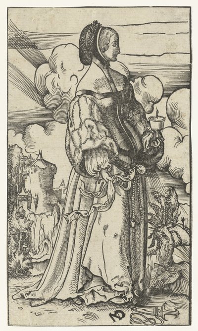 Vis jungfru med brinnande oljelampa i landskap Five Wise and Five Foolish Virgins (serietitel) av Niklaus Manuel Deutsch