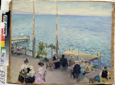 Genèvesjön, Genève (Schweiz), café. (Genèvesjön. Café). Målare av Nikolai Alexandrovich Klodt (1865-1918), olja på duk av Nikolai Alexandrovich Klodt