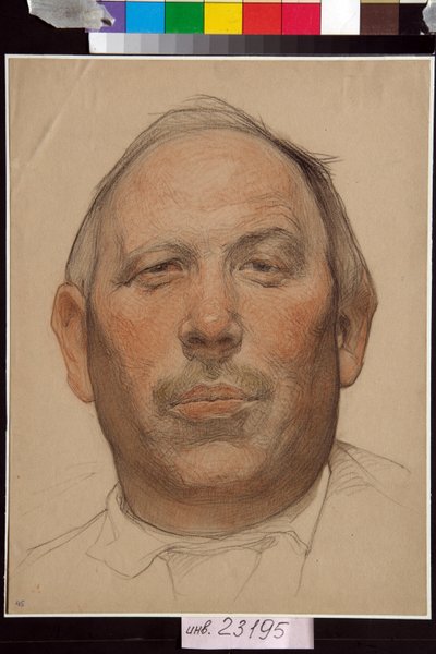 Porträtt av Demian Bedny (1883-1945) - Oeuvre av Nikolai Andreevich Andreev (1873-1932), sanguine et craies sur papier (32x24,2 cm), vers 1920 - (Porträtt av Demyan Bedny, av Nikolay Andreyevich Andreyev, sanguine, svart och vit krita på papper av Nikolai Andreevich Andreev