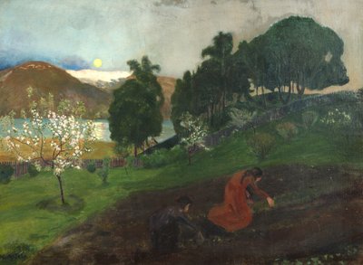 Vårnatt i trädgården (Nattarbete i trädgården) av Nikolai Astrup