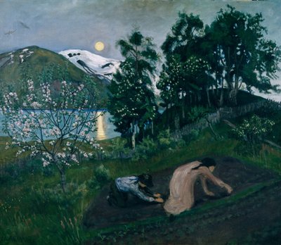 Vårnatt i trädgården, Nattarbete i trädgården av Nikolai Astrup