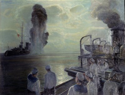 Ryska revolutionen 1917: Den ryska Svartahavsflottan sänker sina egna fartyg den 18 juni 1918. (The self sinking of the Black Sea Fleet den 18 juni 1918). Målning av Nikolai Eviampievich Bublikov (1871-1942), olja på duk av Nikolai Evlampievich Bublikov
