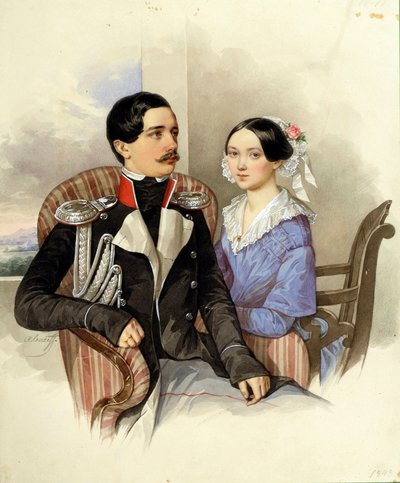 Porträtt av greve Jakov Karlovich Sievers (1818-1865) och grevinnan Vera Mikhaylovna (1818-1865) - Konstverk av N M Alexeyev (1800-1850) av Nikolai Mikhailovich Alexeyev