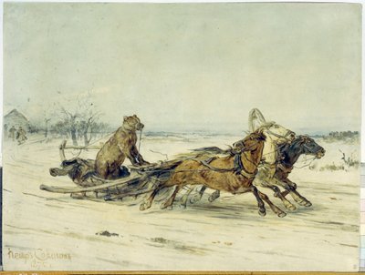 General Toptygin - En björn med munkorg, installerad i en släde dragen av tre hästar (trojka), från en berättelse av Nicolas (Nikolai) Nekrassov (1821-1877) - Målning av Pyotr (Piotr) Petrovich Sokolov (1821-1899), olja på duk av Nikolai Nekrassov