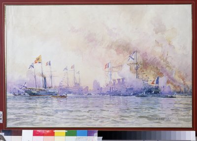 Den franska skvadronens ankomst till Krondstadt 1893. Maritimt landskap, med realistisk beskrivning av de franska sjöstyrkorna (krigsfartyg, fregatter och korvetter), efter den fransk-ryska alliansen av Nikolai Nikolaevich Gritsenko