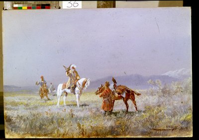 Falkejakt (Falkejakten). Centralasiatiska ryttare tränar falkar för jakt i stäpperna. Målning av Nikolai Nikolayevich Karasin (1842-1908), olja på duk av Nikolai Nikolaevich Karazin