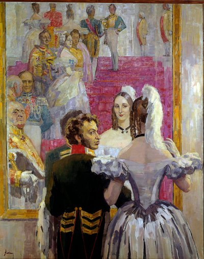 Den ryske poeten Alexander Pushkin (Pushkin) (1799-1837) och hans fru Natalia Gontcharova (Goncharova) vid Anichkof Palace Ball. Målning av Nikolai Pavlovich Ulyanov (Ulyanov) (1875-1949) av Nikolai Pavlovich Ulyanov