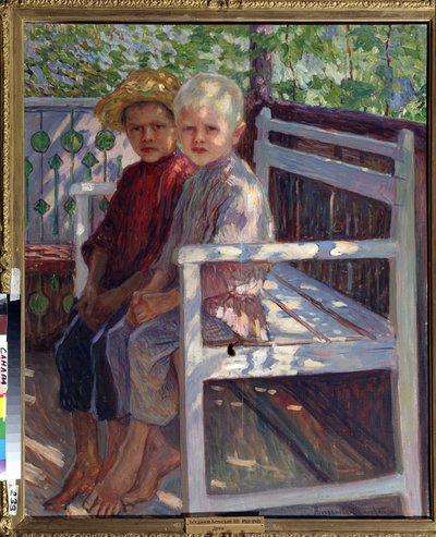 Barn (Barn). Två barn, det ena med blont hår, det andra med brunt hår, sitter barfota på en bänk i solen. Målning av Nikolai Petrovich Bogdanov Belsky (Bogdanov-Belsky) (Bogdanov Belsky) (Bogdanov-Belsky) (1868-1945). Olja på duk av Nikolai Petrovich Bogdanov Belsky