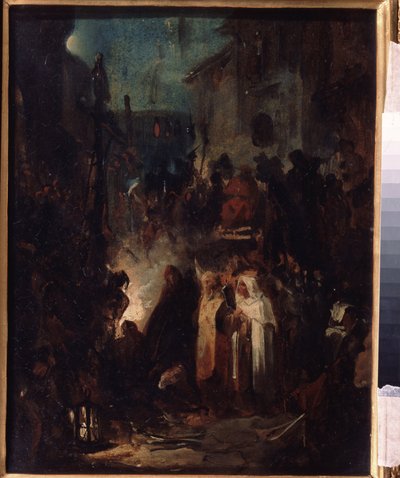 Autodafe (Autodafe). Gatubild, på natten, efter dom av inkvisitionsdomstolen, samlas folkmassan och kyrkligheten runt elden. Verk av Nikolai Petrovich Lomtev (1816-1859), olja på kartong. rysk konst av Nikolai Petrovich Lomtev