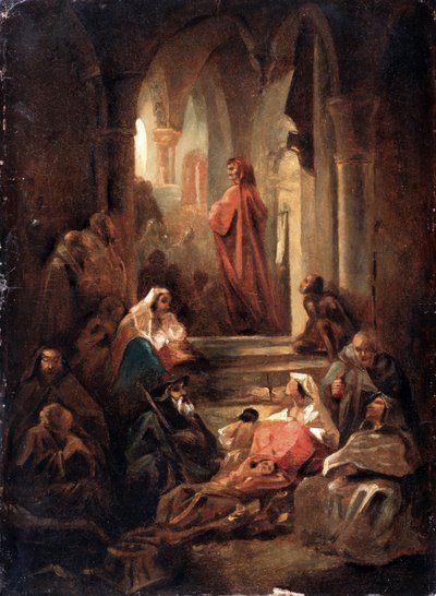 En scen ur Dante Alighieris liv (1265-1321) (En scen ur Dante Alighieris liv). Verk av Nikolai Petrovich Lomtev (1816-1859), olja på kartong av Nikolai Petrovich Lomtev