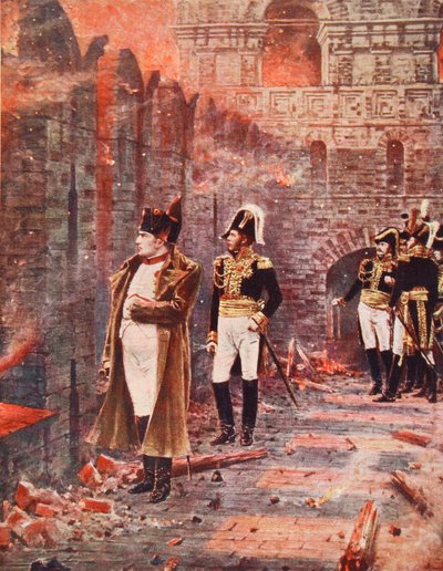 Napoleon tittar på Moskvas eld, illustration från "Hutchinsons Nationernas historia", ca 1910 av Nikolai Stepanovich Vereshchagin