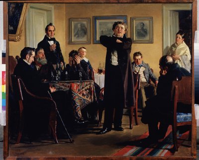 Skådespelaren Pavel Mochalov (1808-1848) omger sina beundrare. (Skådespelaren P. Mochalov bland hans fans). Han anses vara den största tragedianen i det romantiska Ryssland och tolkar en roll i en privat salong, åskådarna uppmärksamma och tagna av känslor av Nikolai Vasilievich Nevrev