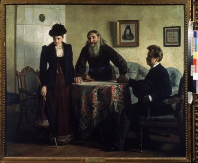 En remonstrans (En förmaning). Ett par i äktenskapskris besöker en ortodox präst och får en lektion i moraliskt uppförande. Målning av Nikolai Vasilyevich Nevrev (1830-1904), olja på duk av Nikolai Vasilievich Nevrev