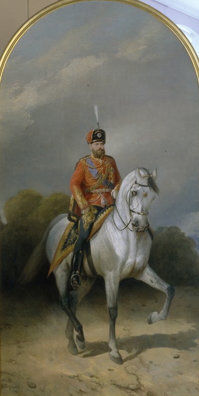 Porträtt av kejsar Alexander III 1845-1894 i uniformen av Leibgardets husarregemente, 1881 av Nikolai Yegorovich Sverchkov