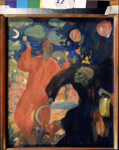 Till minne av Nikolai Sapunov (Sapunov) (1880-1912) (Till minne av N. Sapunov). Döden personifierad böjer sig och flyr inför en leende livsfigur, viftande maracas. Verk av Nicolas (Nikolai) Dimitrievich Millioti (1874-1962), olja på kort av Nikolaj Nikolaevic Sapunov