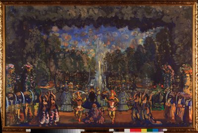 Den turkiska ceremonin. Förberedande dekor till pjäsen ""Le bourgeois gentilhomme"" av Moliere (1622-1673). Verk av Nikolai Nikolayevich Sapunov (Sapunov) (1880-1912), tempera på duk av Nikolaj Nikolaevic Sapunov